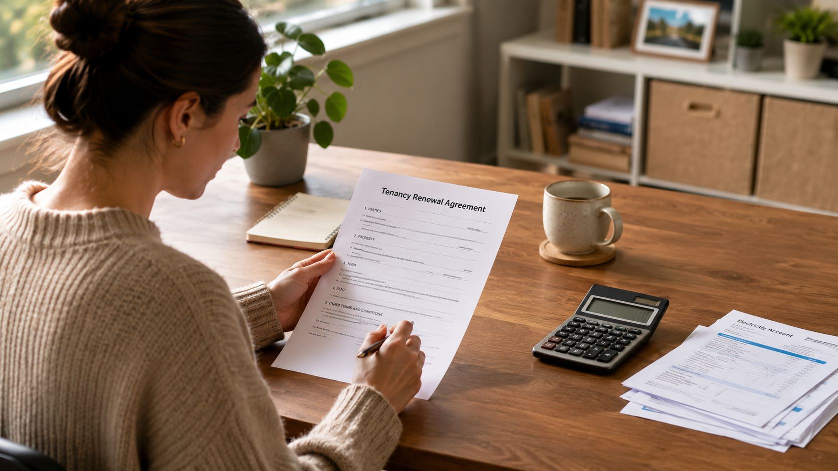 A woman reviewing a tenancy renewal agreement at a wooden desk with a calculator and bills.