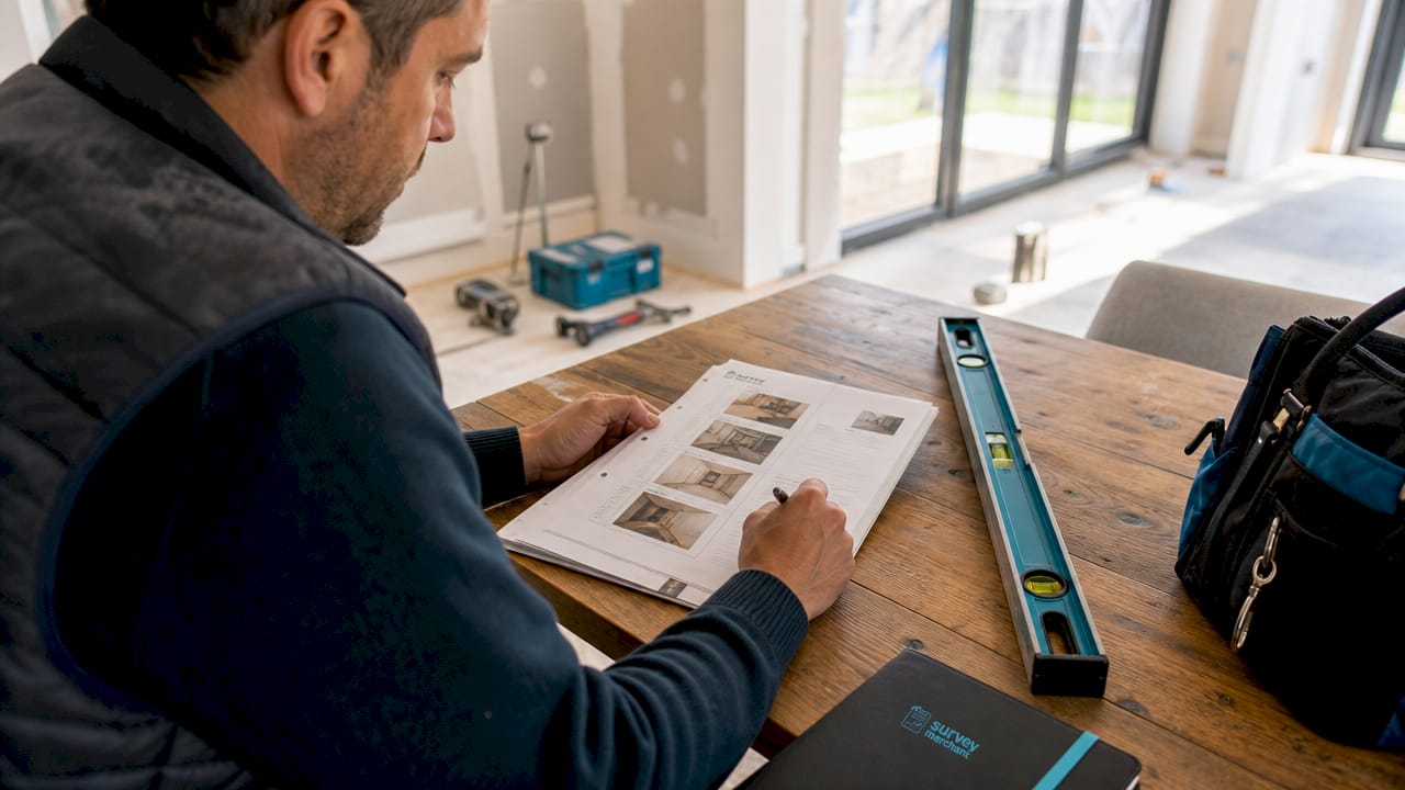 Inspector’s hands with snagging report and spirit level
