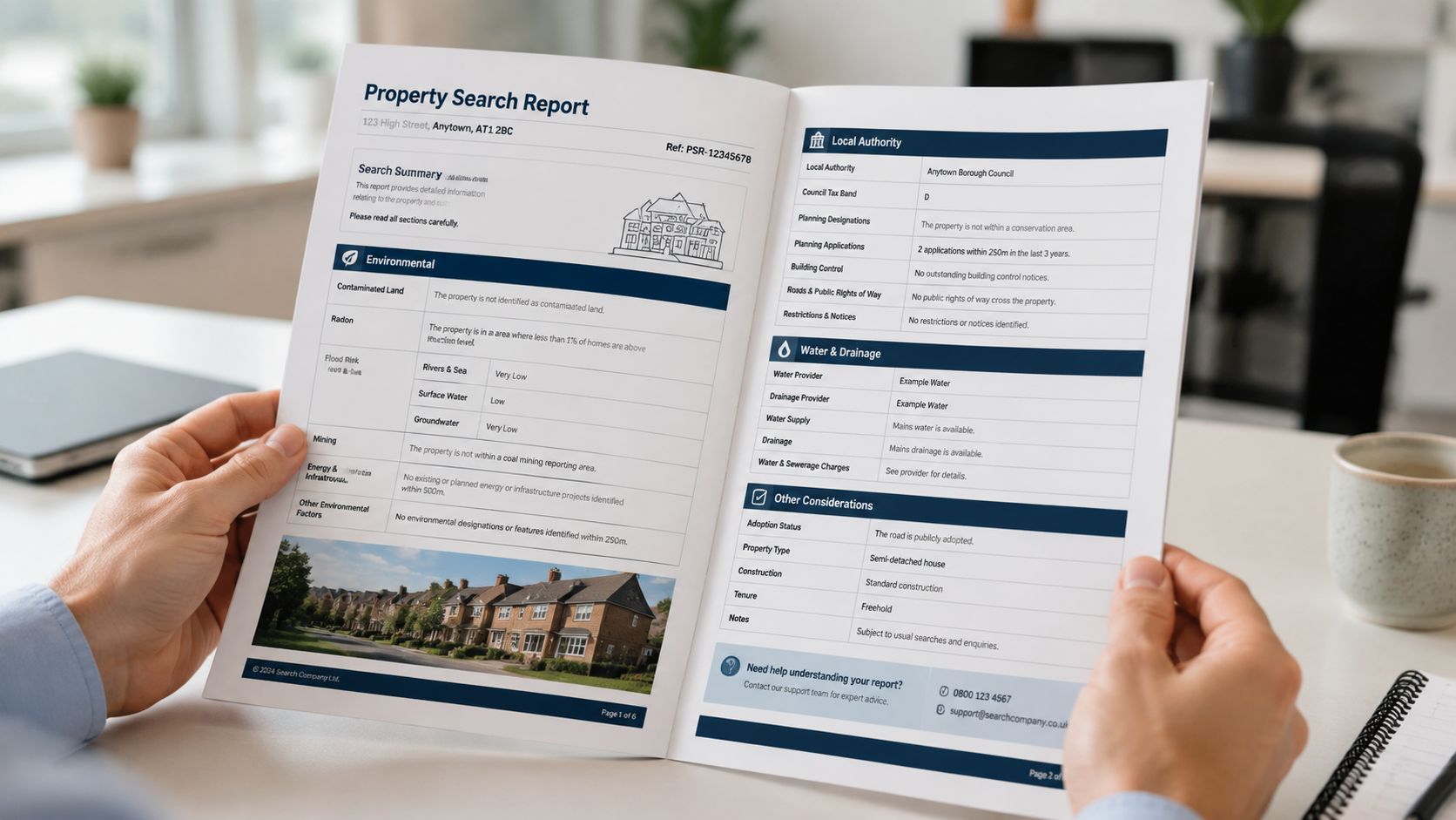 A person holding a professional property search report document showing environmental and local authority details for a home.