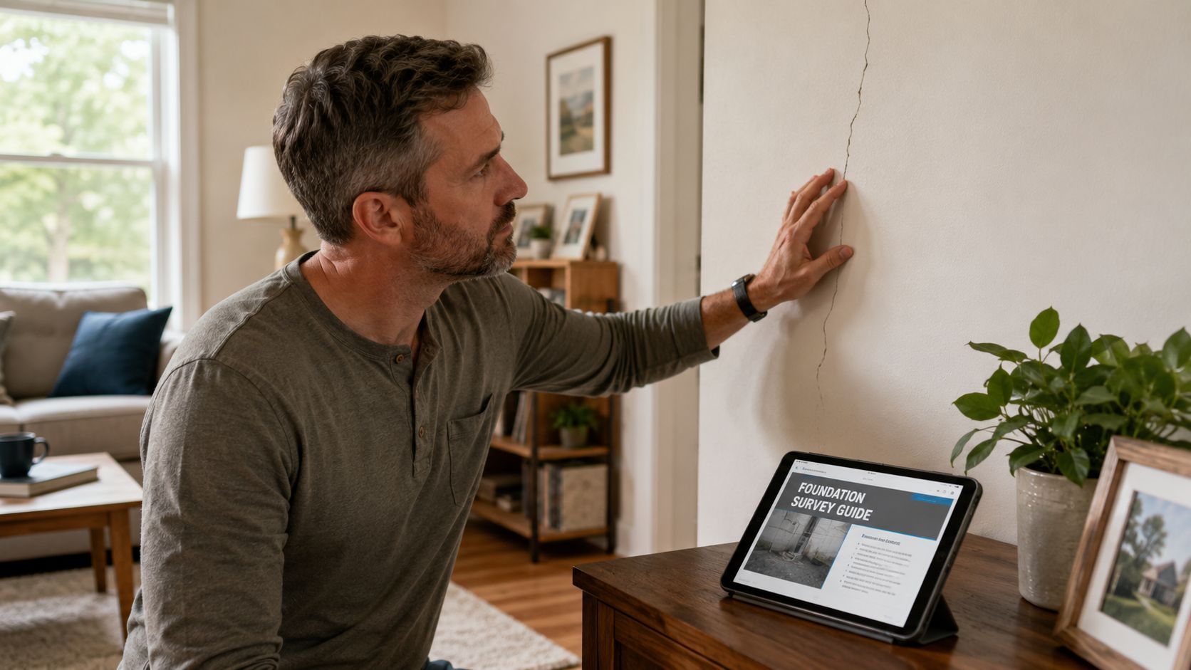 A concerned man examines a large crack in his home wall while consulting a foundation survey guide.