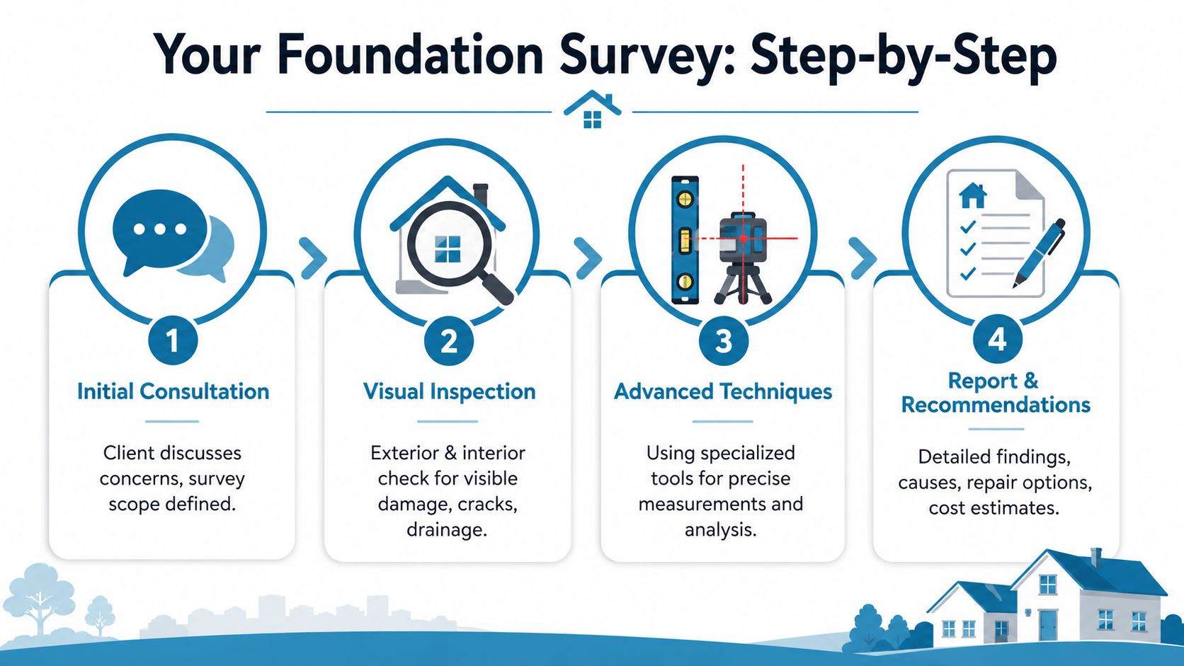 An infographic titled Your Foundation Survey: Step-by-Step, displaying four stages: Initial Consultation, Visual Inspection, Advanced Techniques, and Report & Recommendations.