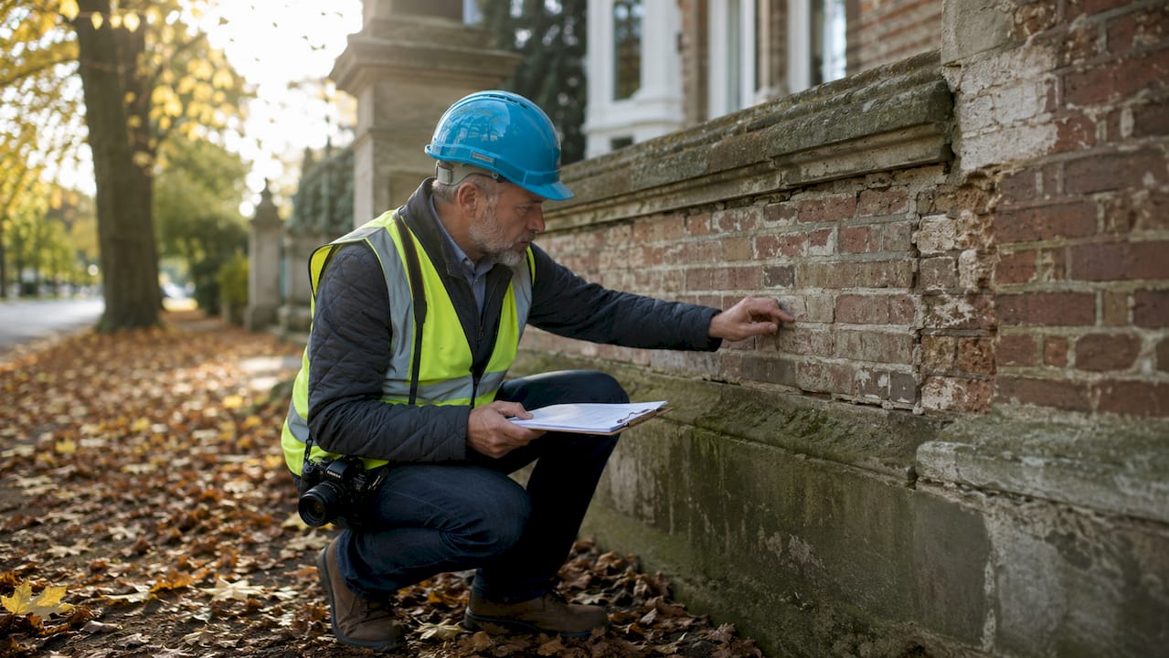 Surveyor inspecting older property exterior wall