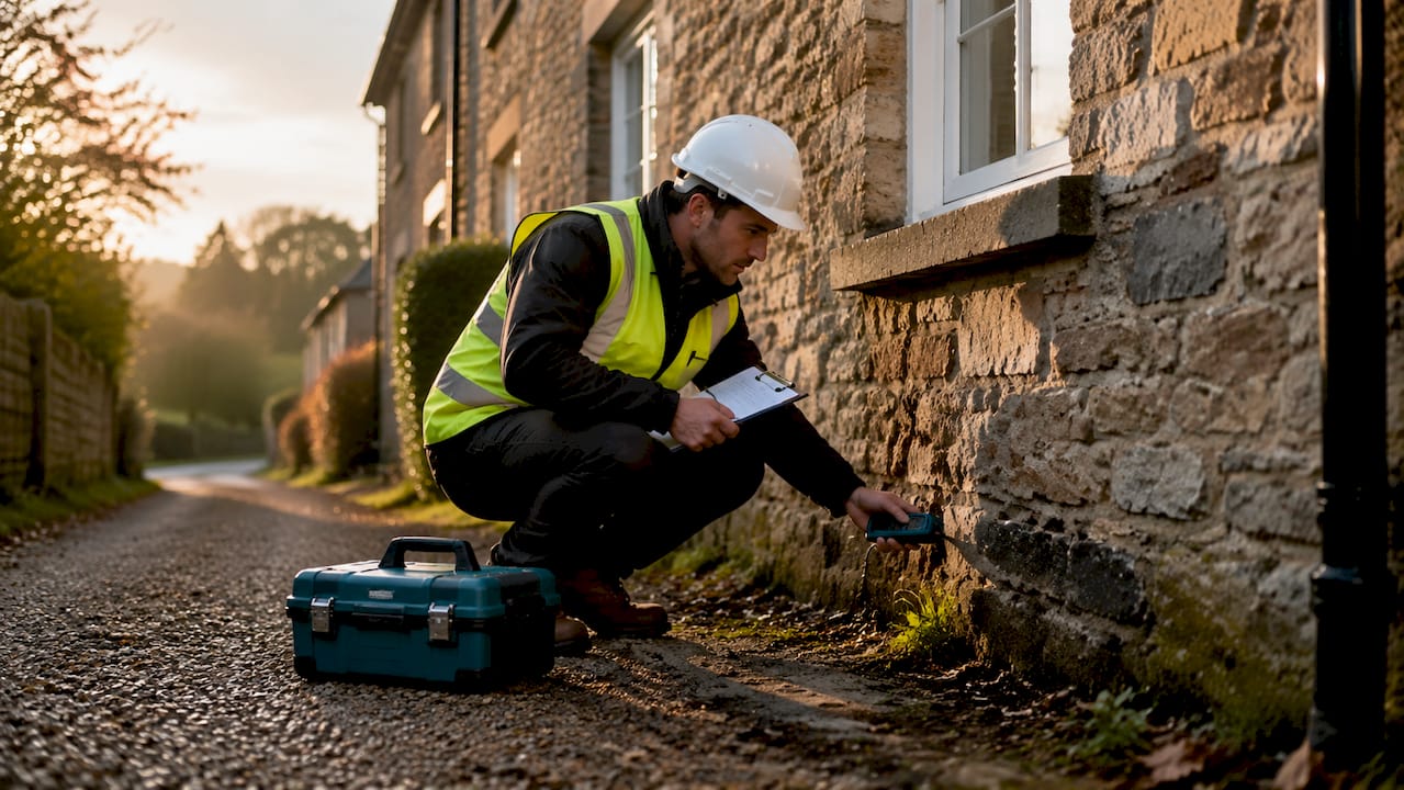 Surveyor inspecting house brick exterior closely