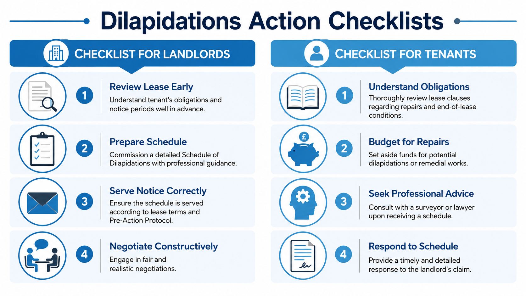 A dual-column checklist for landlords and tenants outlining essential steps during commercial property dilapidation processes.