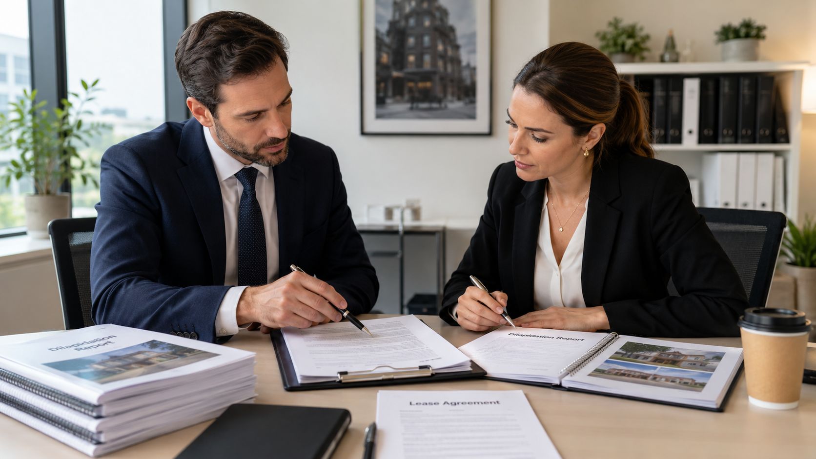 A professional man and woman in business attire reviewing a dilapidation report at an office desk.