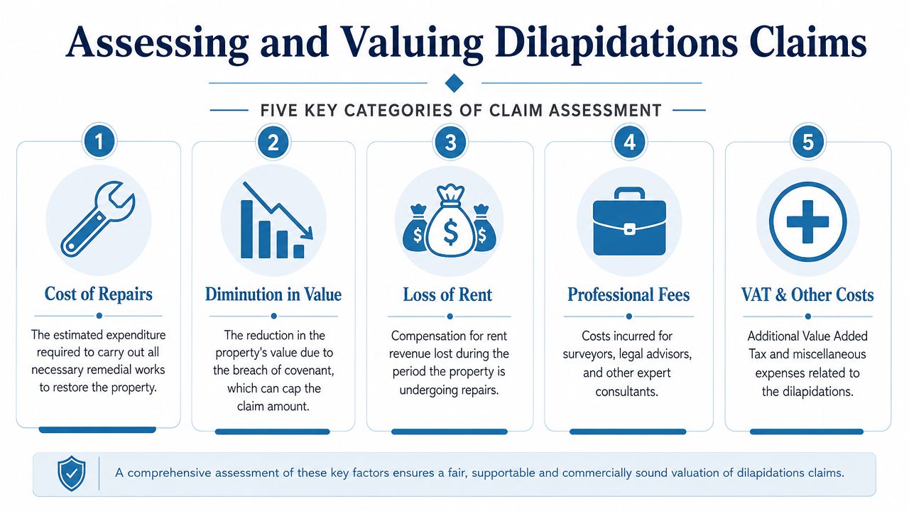An infographic detailing five key categories for assessing and valuing commercial property dilapidation claims.