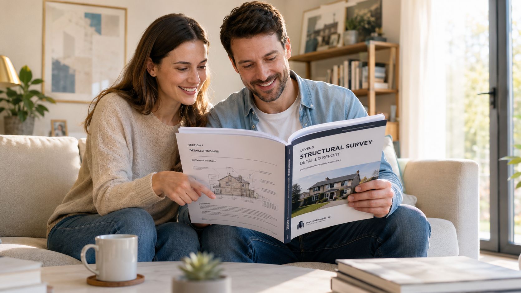 A smiling couple sitting on a sofa reviewing a professional structural survey report together at home.