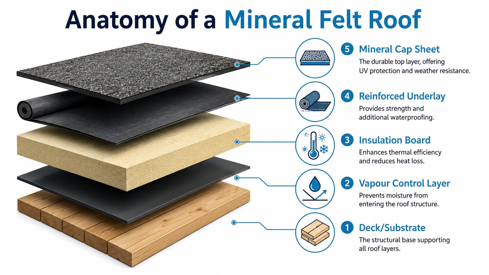 A 3D diagram illustrating the five structural layers of a mineral felt roof from deck to cap sheet.