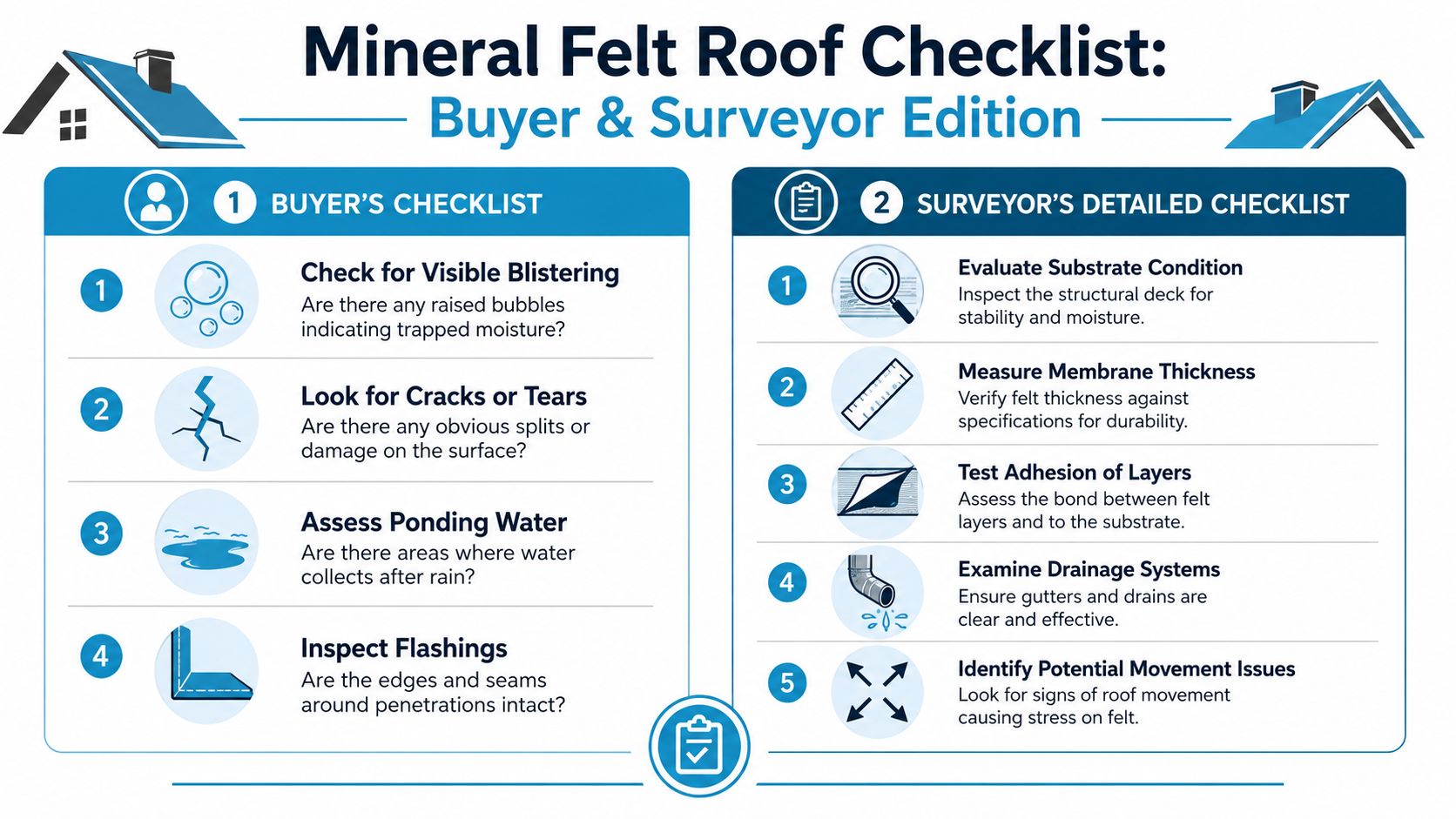 A professional infographic titled Mineral Felt Roof Checklist for home buyers and property surveyors.