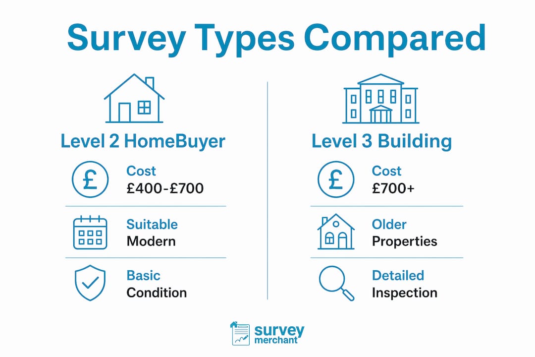 Infographic comparing Level 2 and Level 3 leasehold surveys