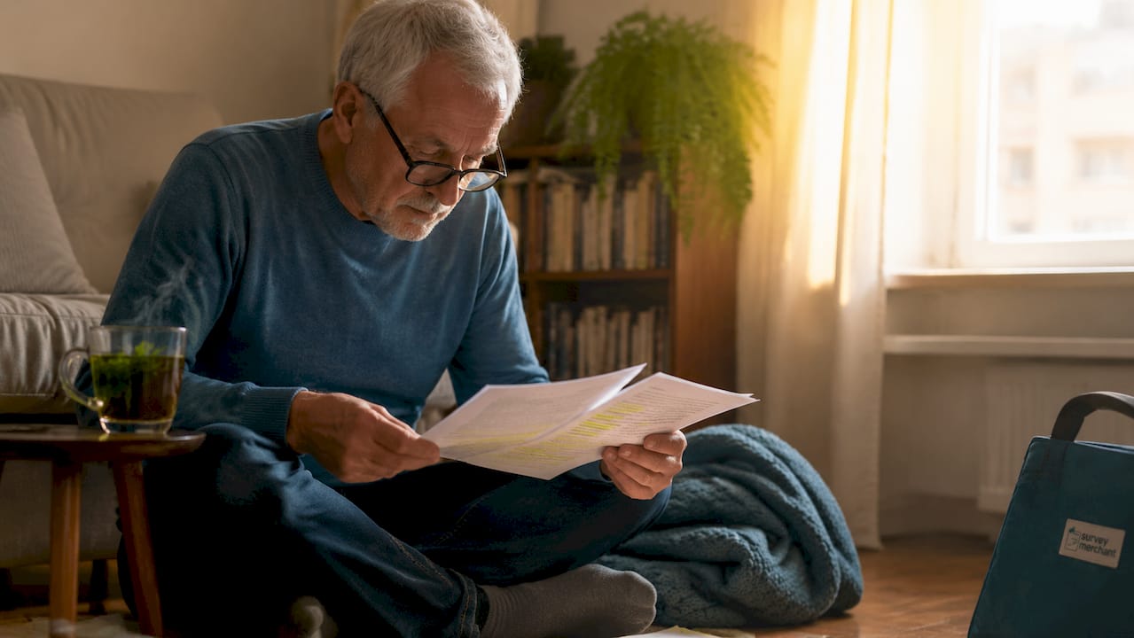 Man reading leasehold survey report indoors