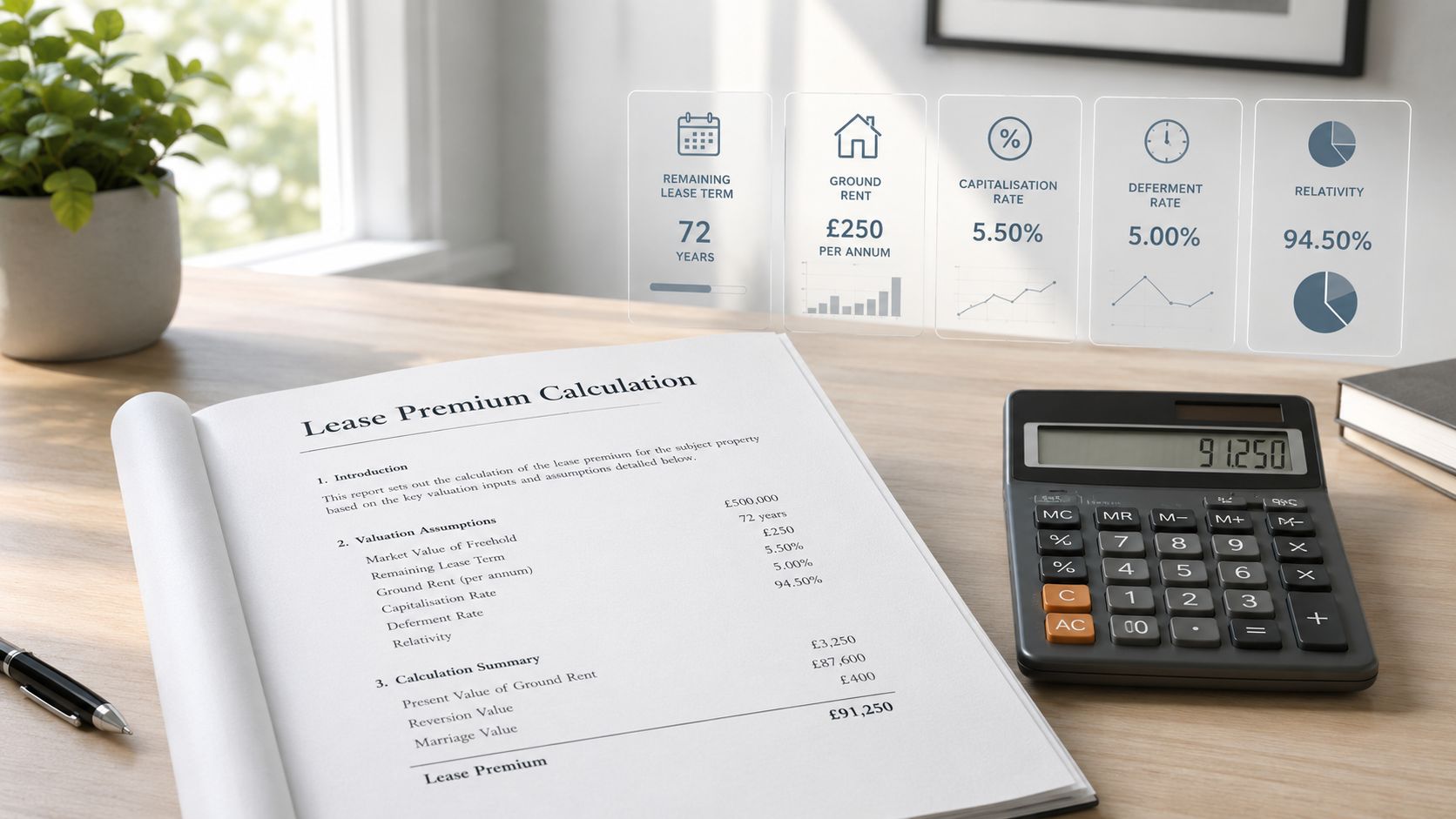 A professional document on a wooden desk showing lease premium calculation figures next to a calculator.