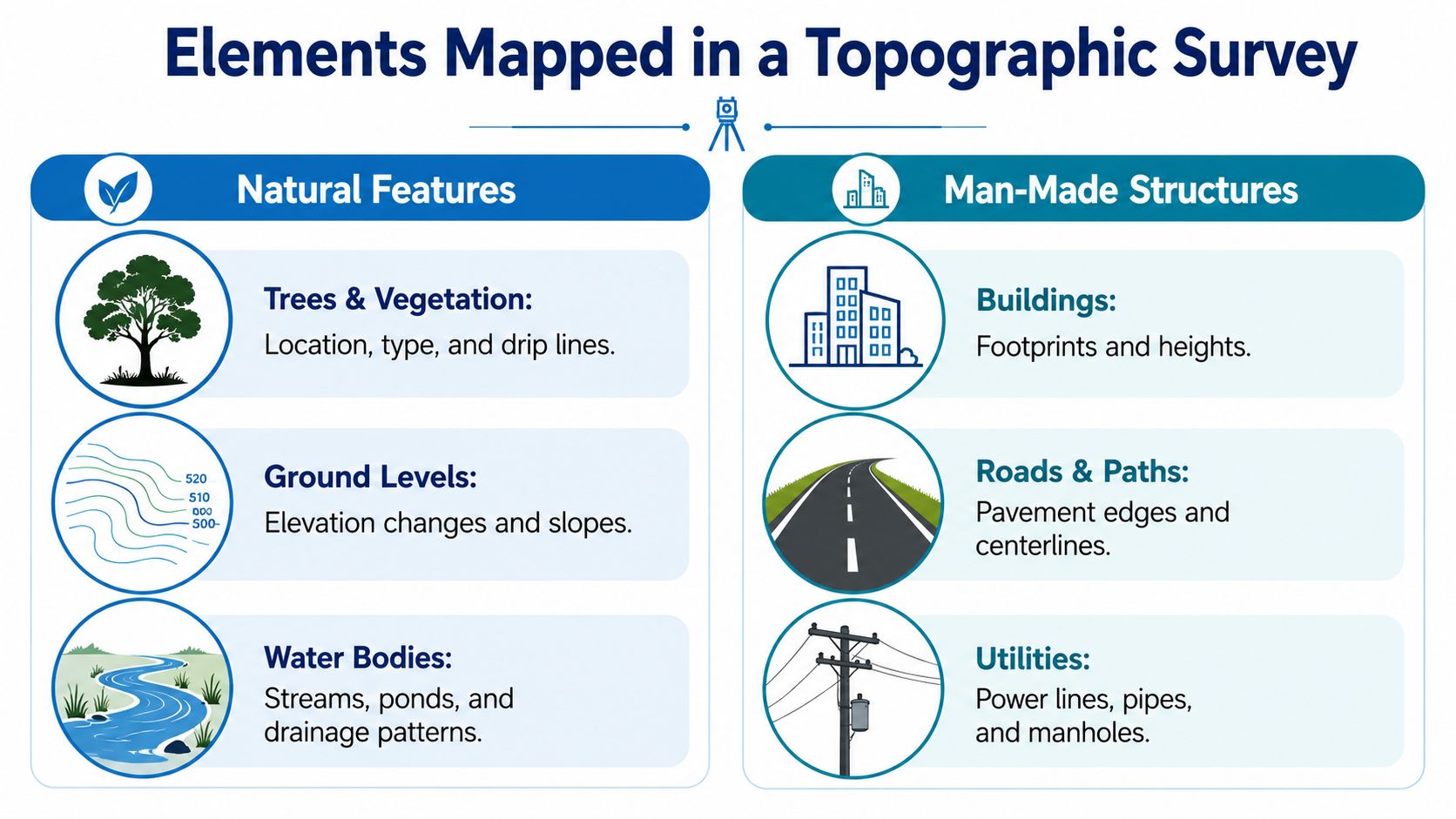 An infographic showing natural and man-made elements included in a professional topographic survey map.