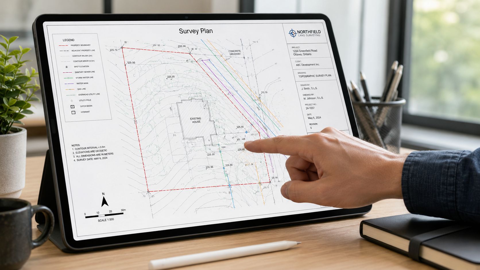 A person pointing at a digital topographic survey plan displayed on a tablet screen on a desk.