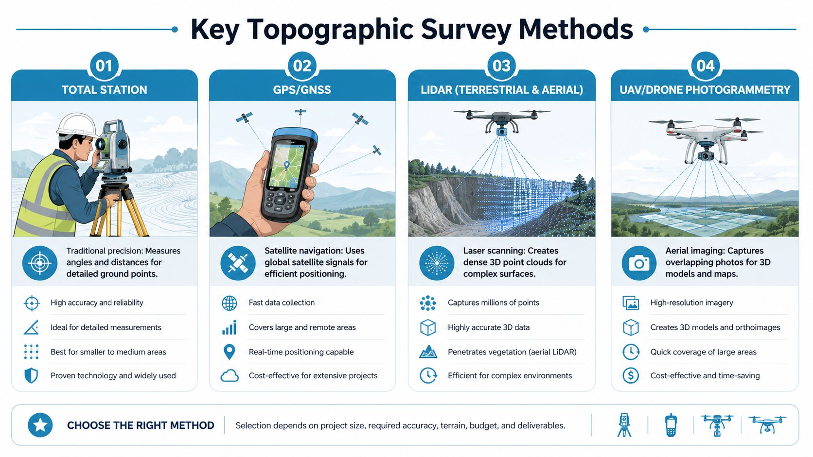 An infographic showing four common topographic survey methods including Total Station, GPS, LiDAR, and drone photogrammetry.