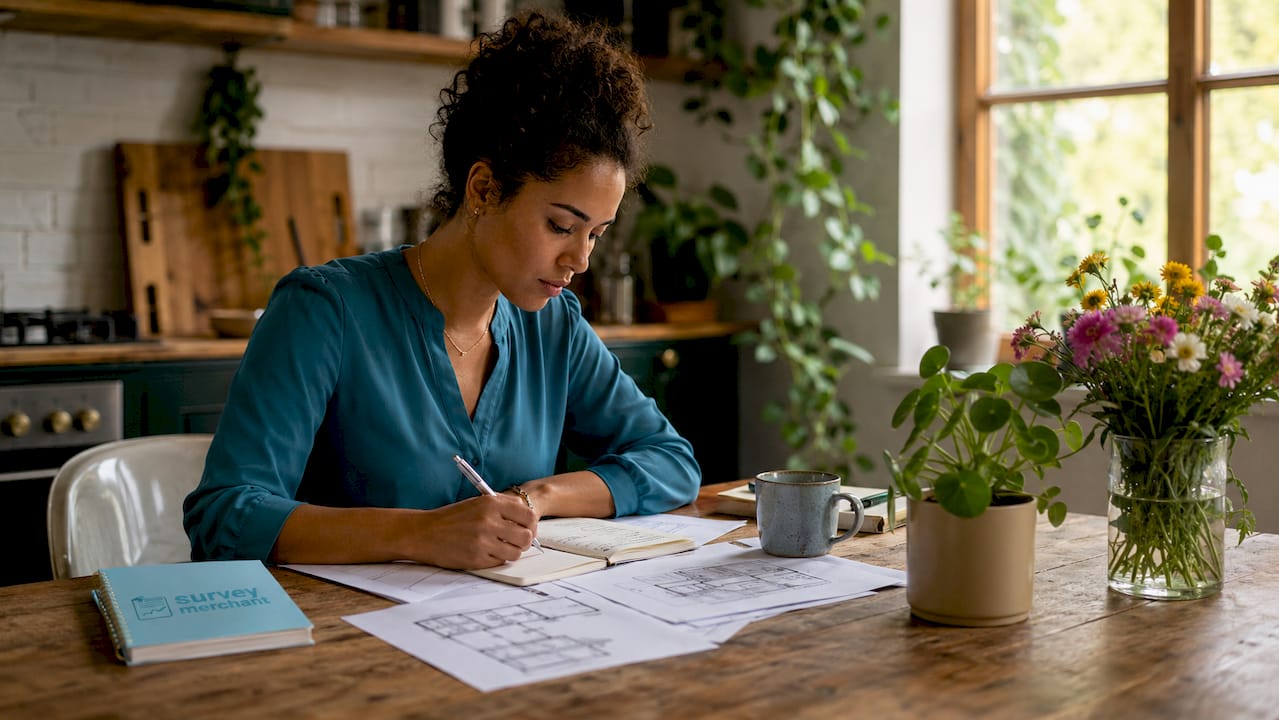 RICS surveyor typing inspection report at desk