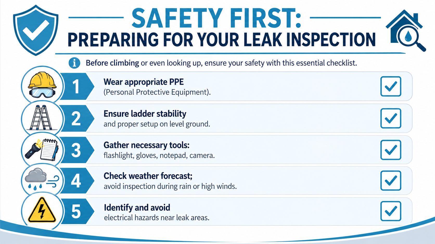A safety checklist infographic for preparing to conduct a home roof leak inspection, featuring five essential steps.