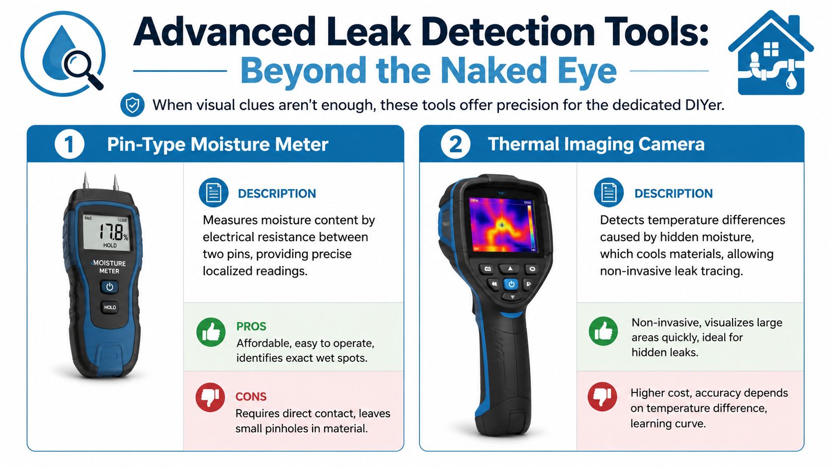 An infographic comparing a pin-type moisture meter and a thermal imaging camera for detecting hidden household leaks.
