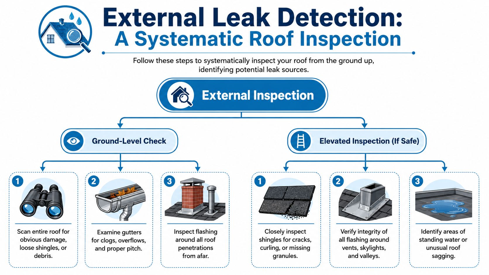A diagram illustrating a systematic process for performing an external roof inspection to detect potential leaks.