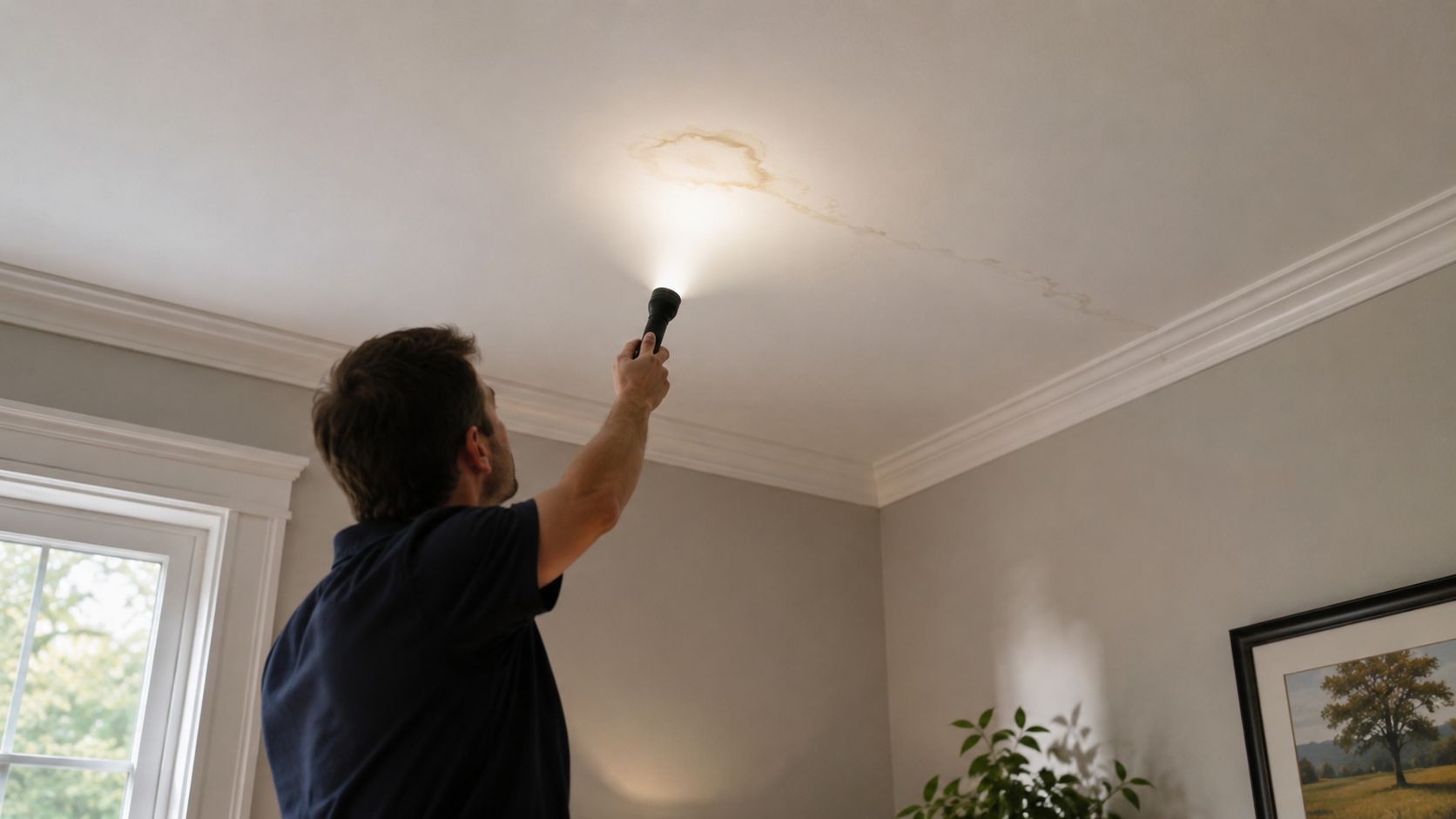 A professional inspector using a flashlight to examine a water damage stain on the residential ceiling.