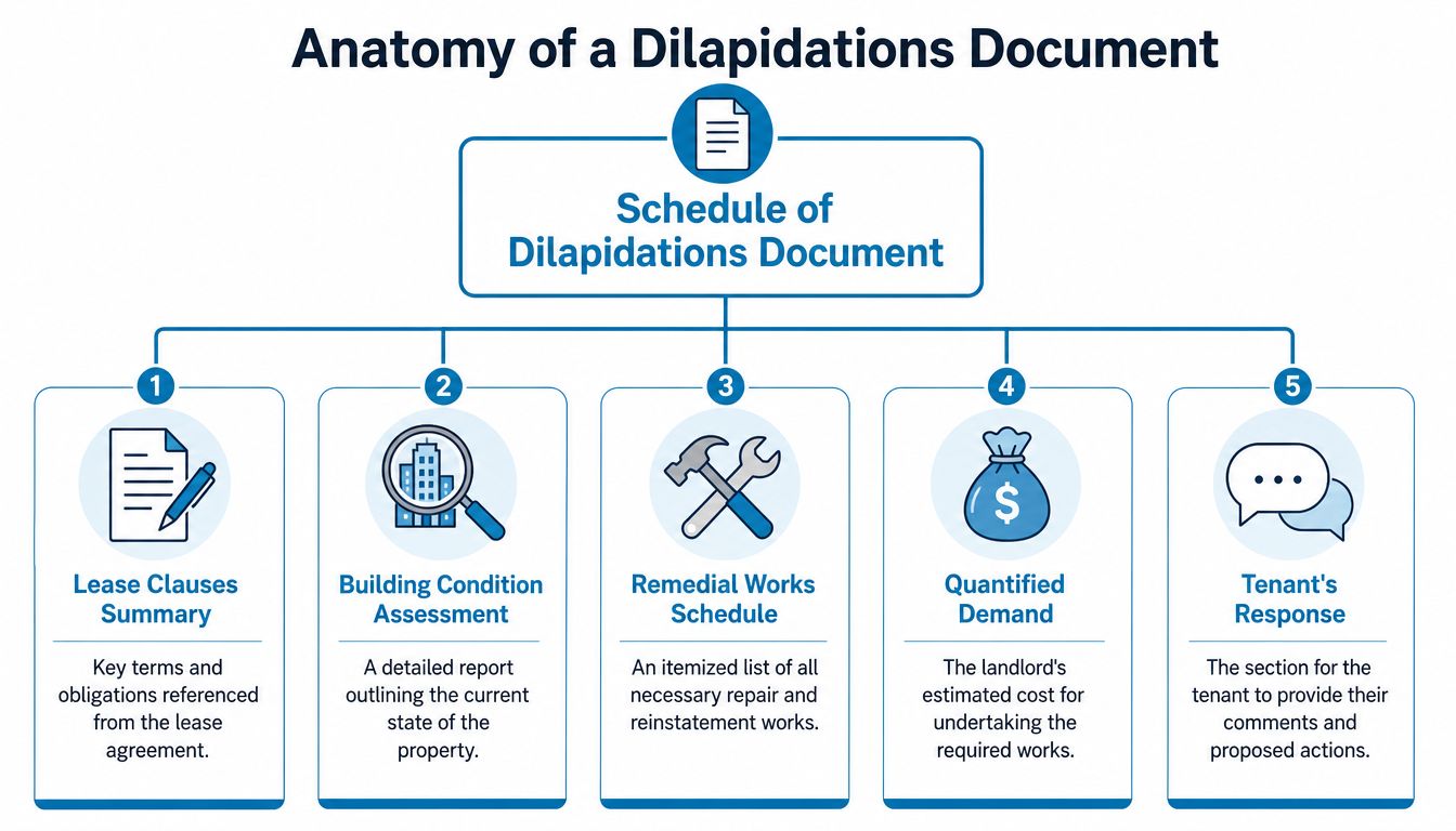 A flowchart diagram explaining the five key components of a schedule of dilapidations document for property leases.