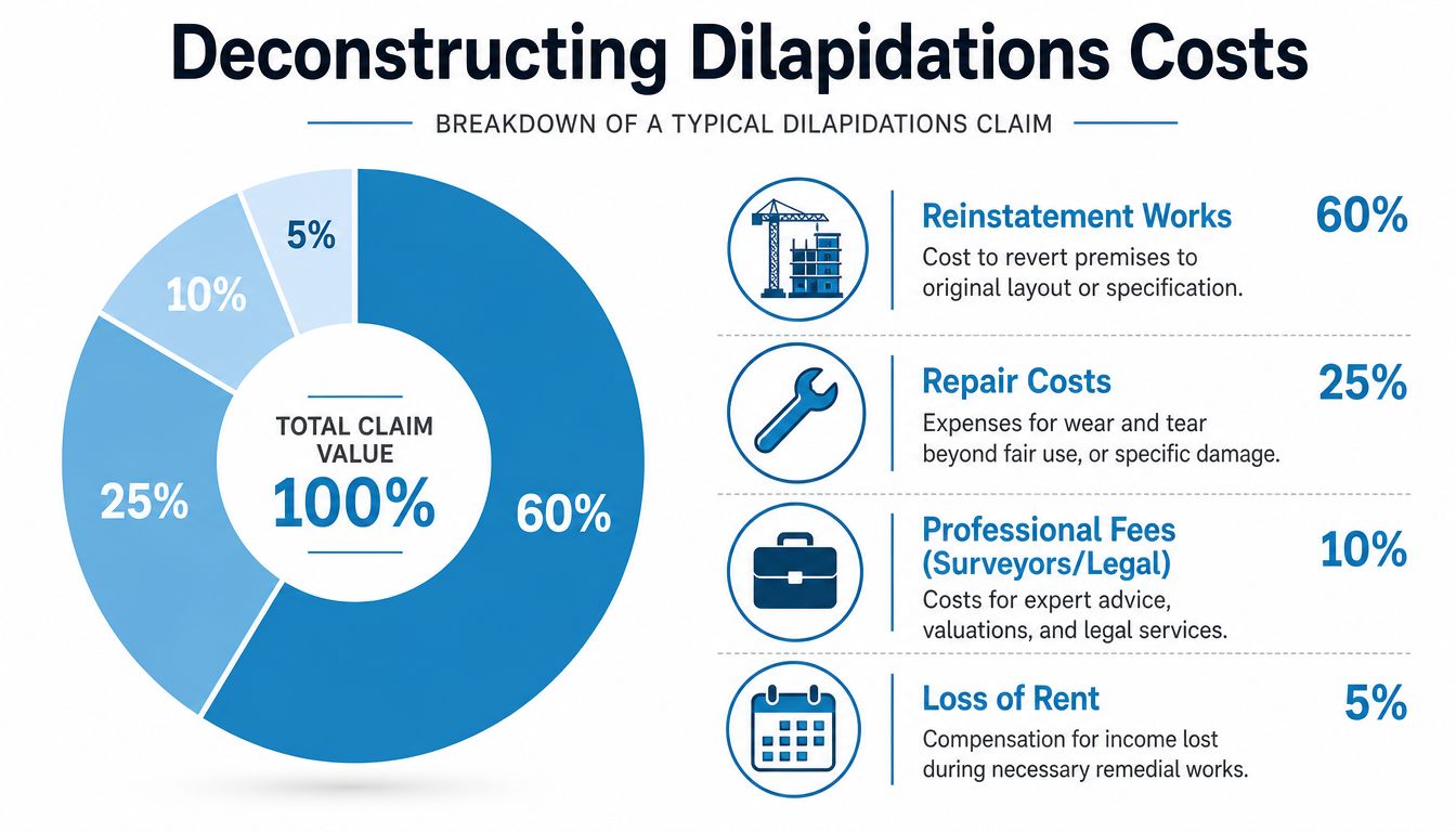 A pie chart infographic detailing the cost breakdown of a typical commercial property dilapidations claim.