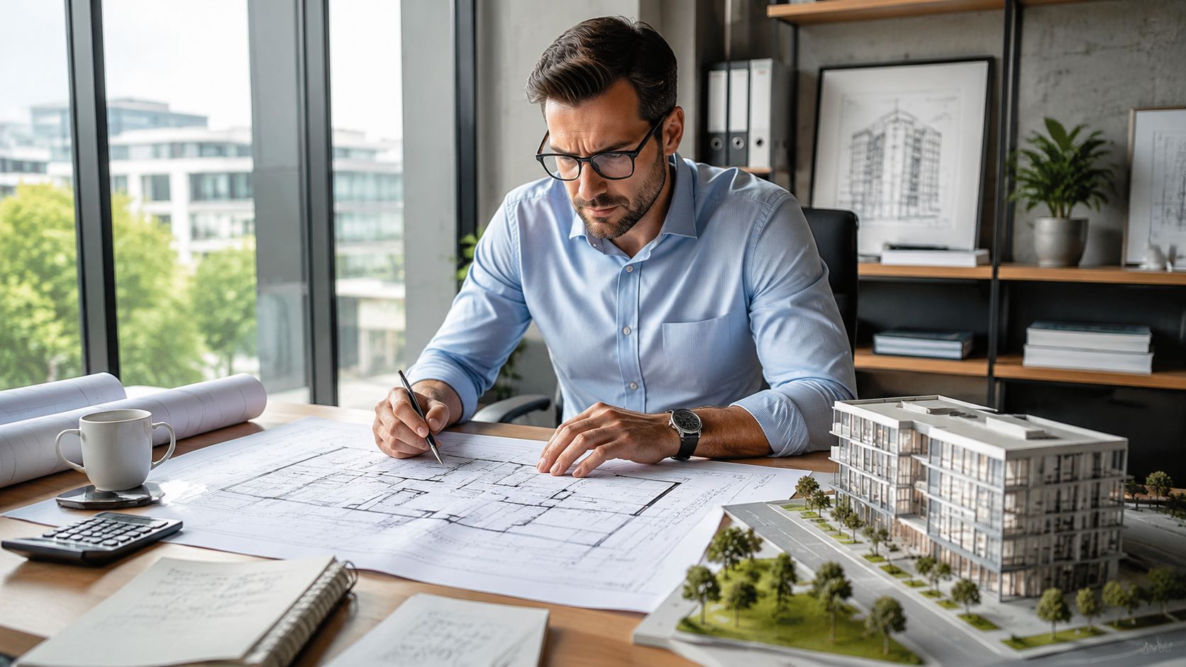 A professional architect analyzing blueprints and architectural models at his desk in a modern office.
