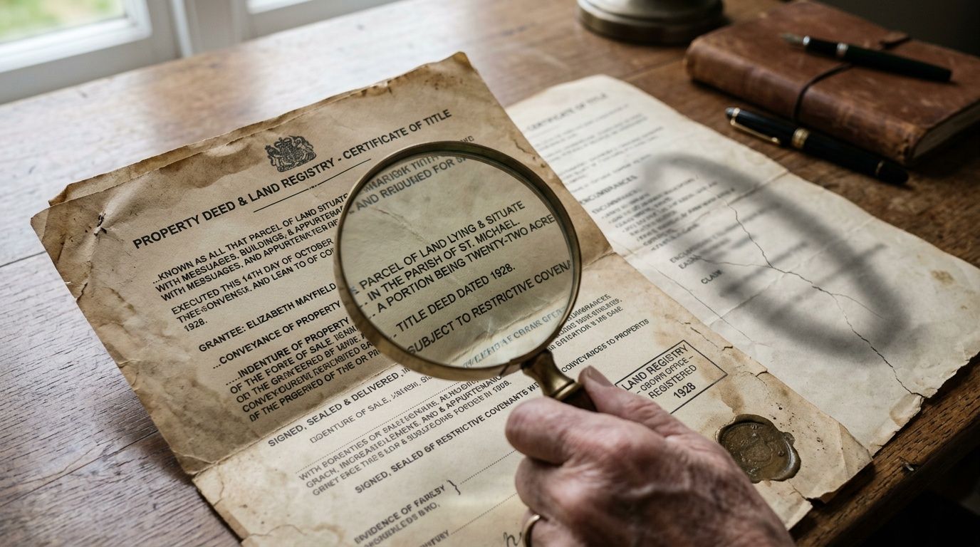 An elderly person uses a magnifying glass to carefully examine an aged property deed and land registry document.