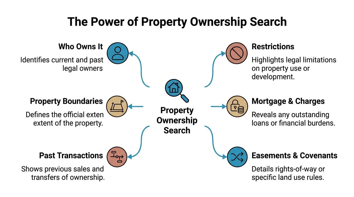 An infographic detailing the benefits and essential information provided by a comprehensive property ownership search report.