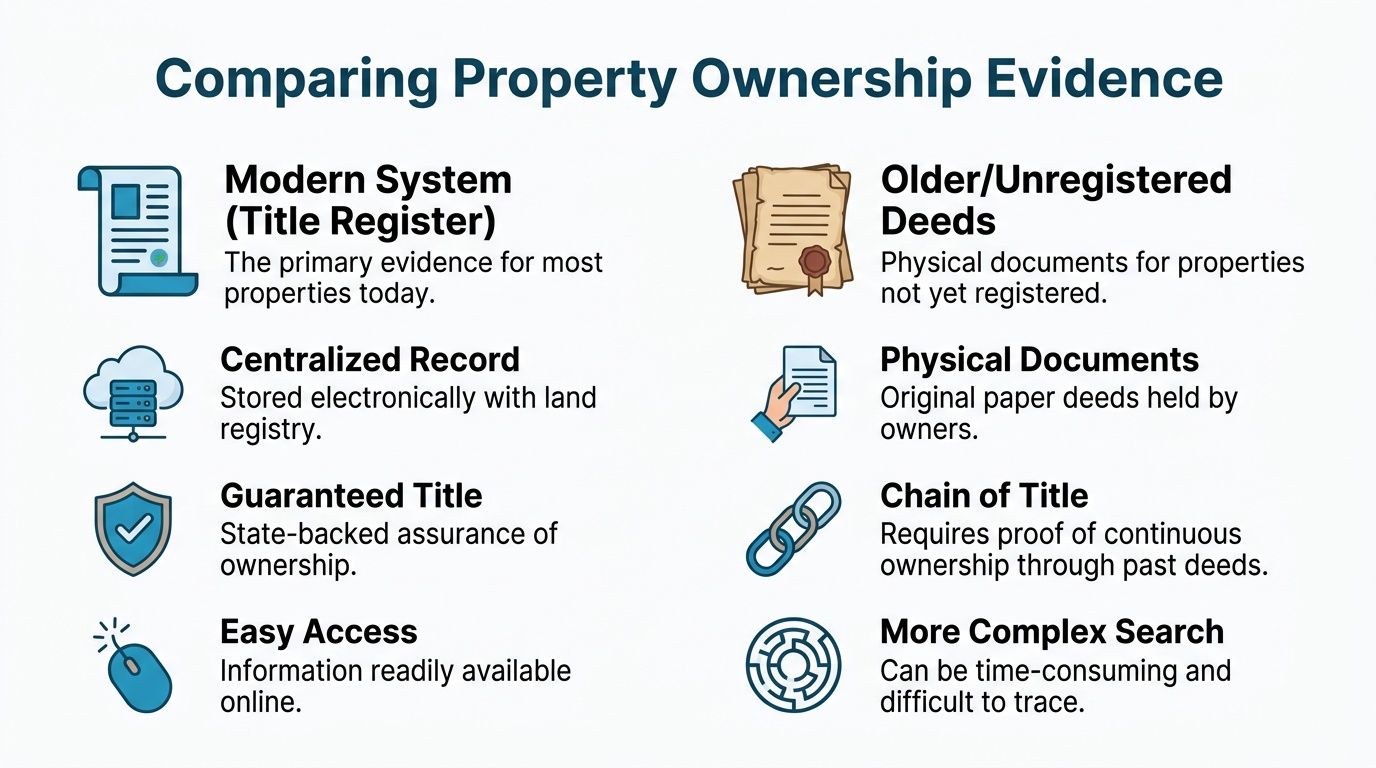 A comparison chart outlining differences between modern title registers and older unregistered property deed systems.