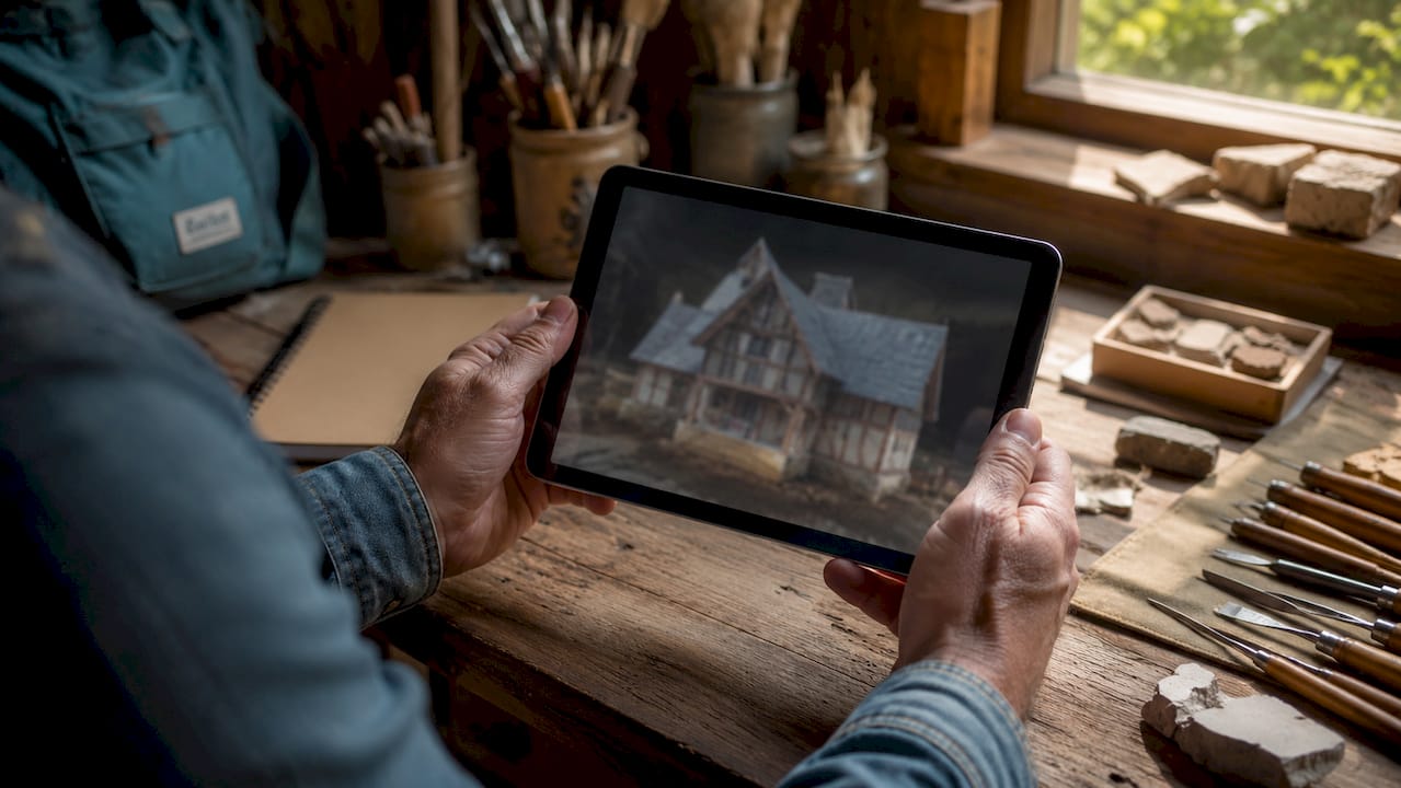 Hands holding tablet with 3D building model
