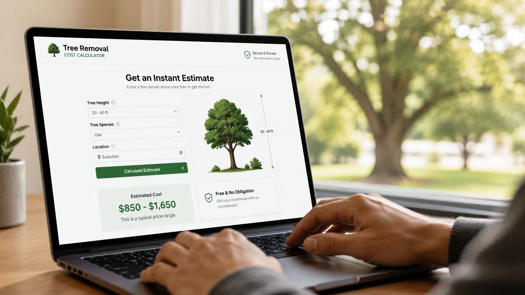A person using a laptop to access an online tree removal cost calculator for budget estimation purposes.