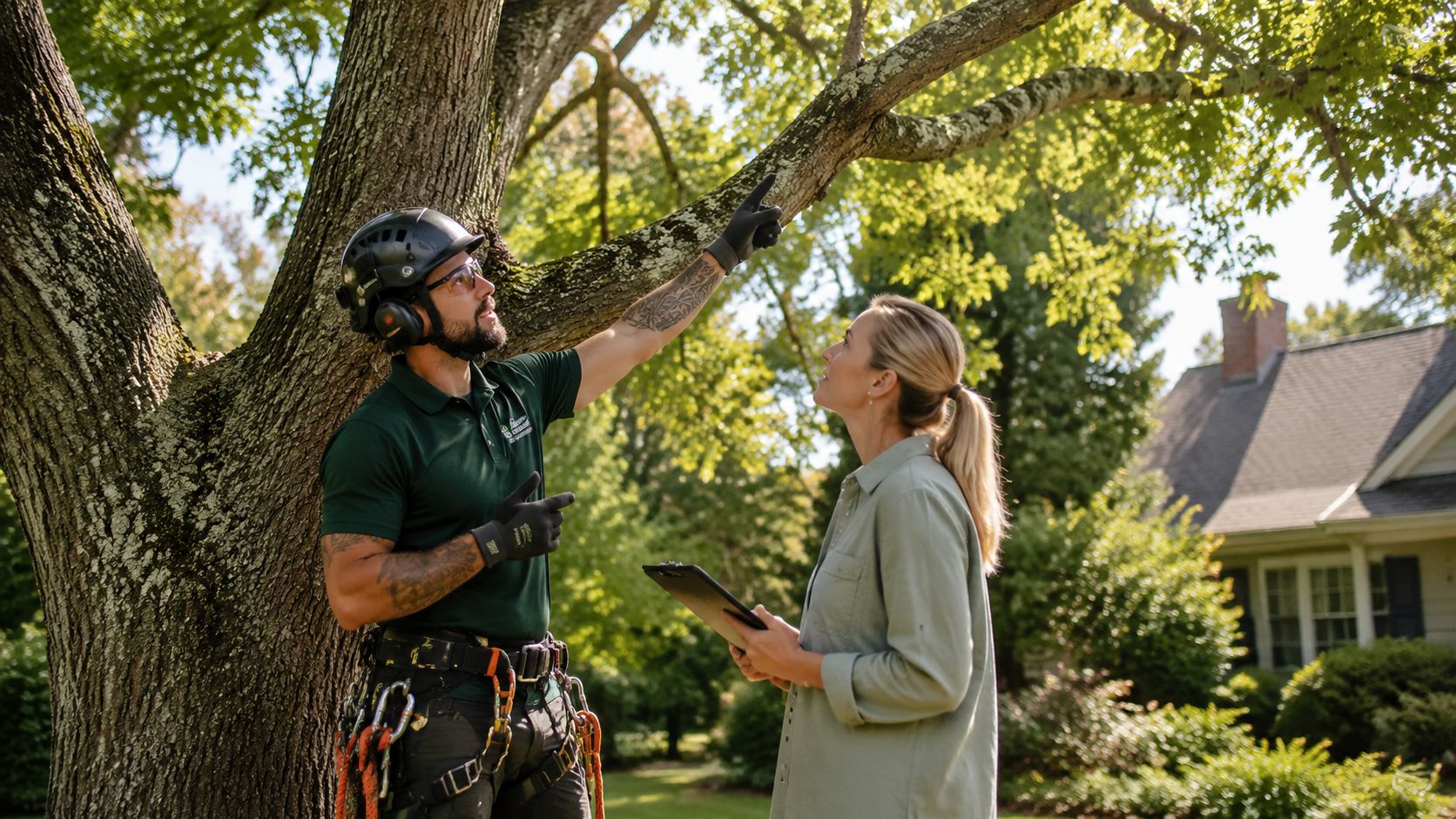A professional arborist in safety gear consults with a homeowner about tree removal and maintenance services.