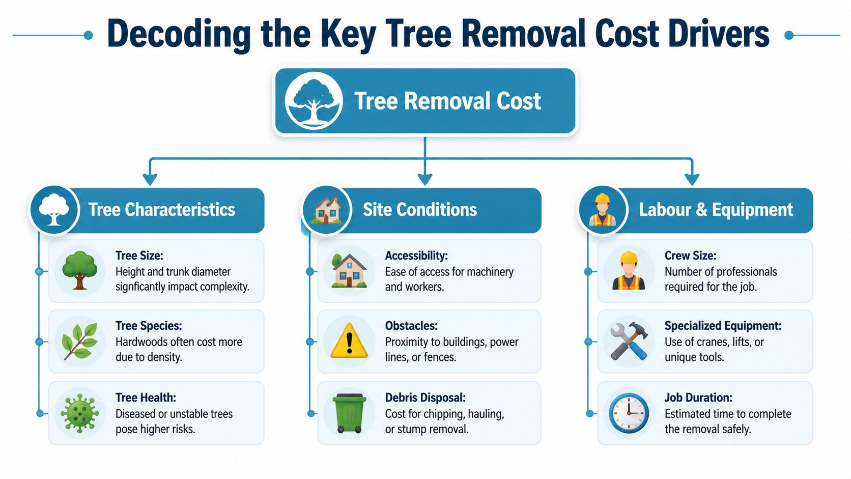 A flowchart infographic outlining the key factors that influence the total cost of professional tree removal services.