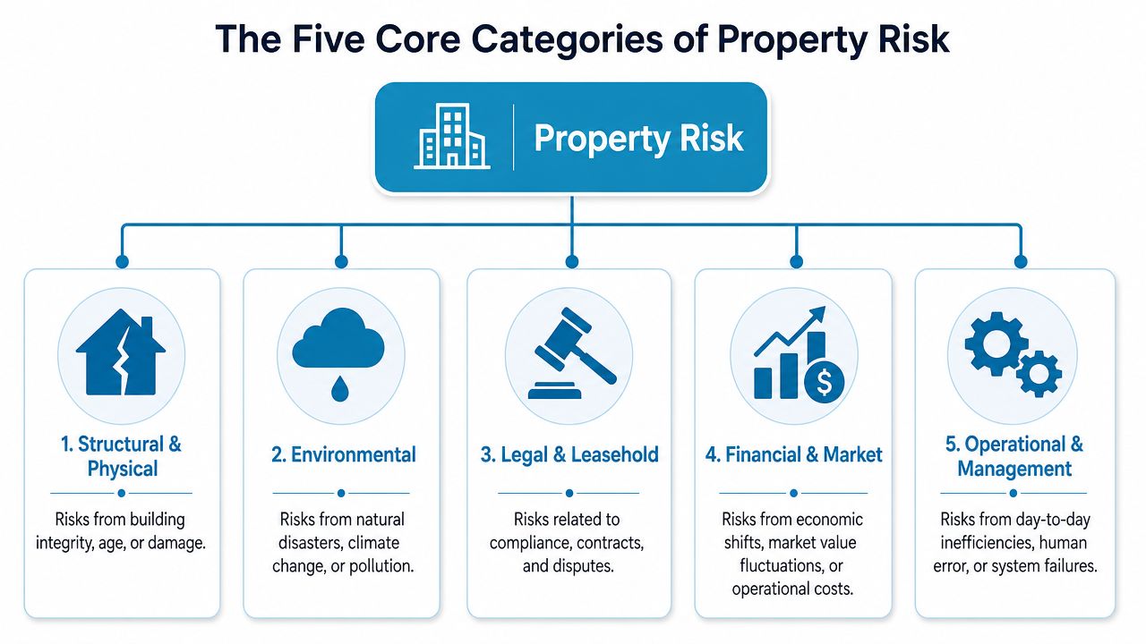 A diagram illustrating the five core categories of property risk including structural, environmental, legal, financial, and operational.