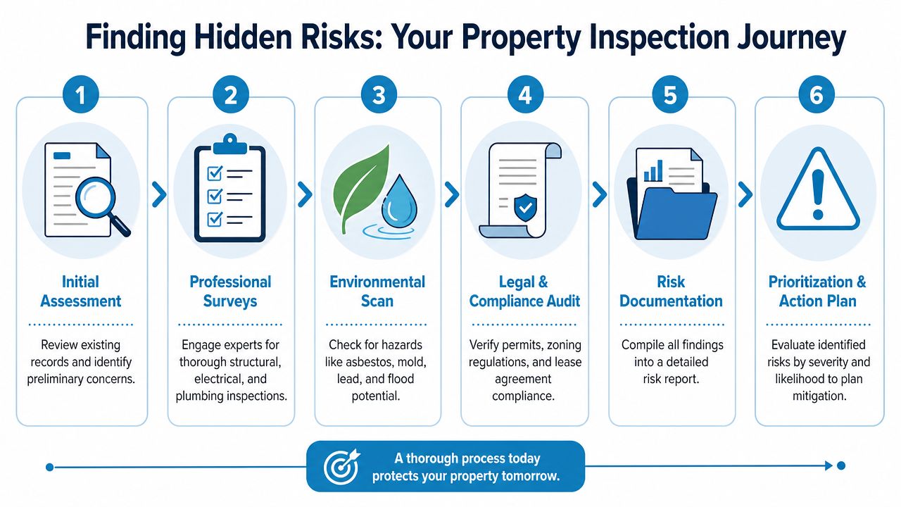A six-step infographic illustrating the property inspection journey for identifying hidden risks and ensuring safety.