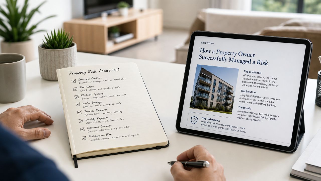 A person writing a property risk assessment checklist on a notebook next to a digital tablet displaying case study.