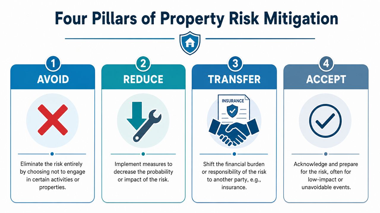 A diagram illustrating the Four Pillars of Property Risk Mitigation: Avoid, Reduce, Transfer, and Accept.