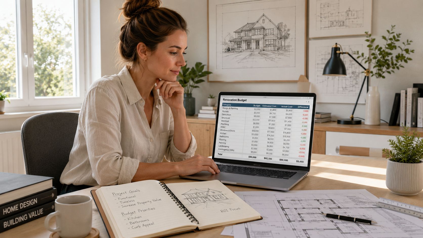 A professional woman reviews a home renovation budget on her laptop in a bright, organized home office.