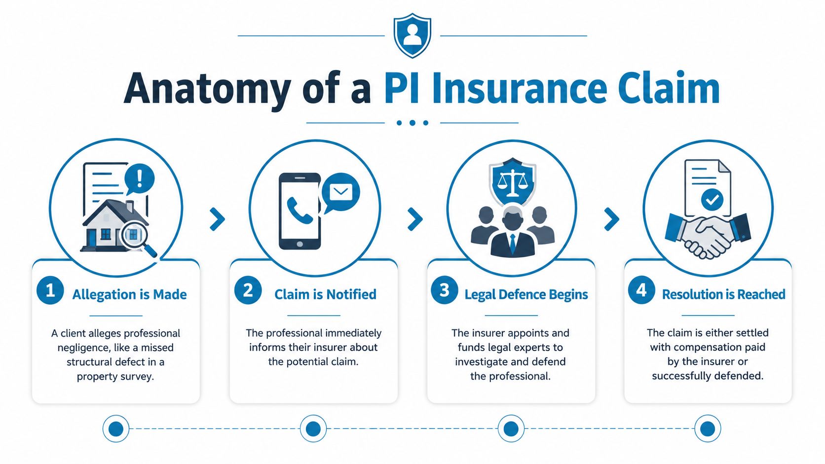 A four-step infographic illustrating the process of a professional indemnity insurance claim from allegation to resolution.