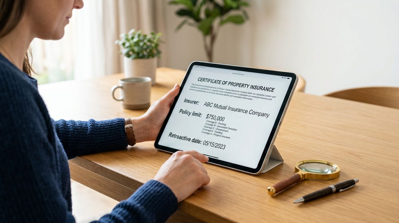 A woman reviewing a digital property insurance certificate on a tablet at a wooden desk.