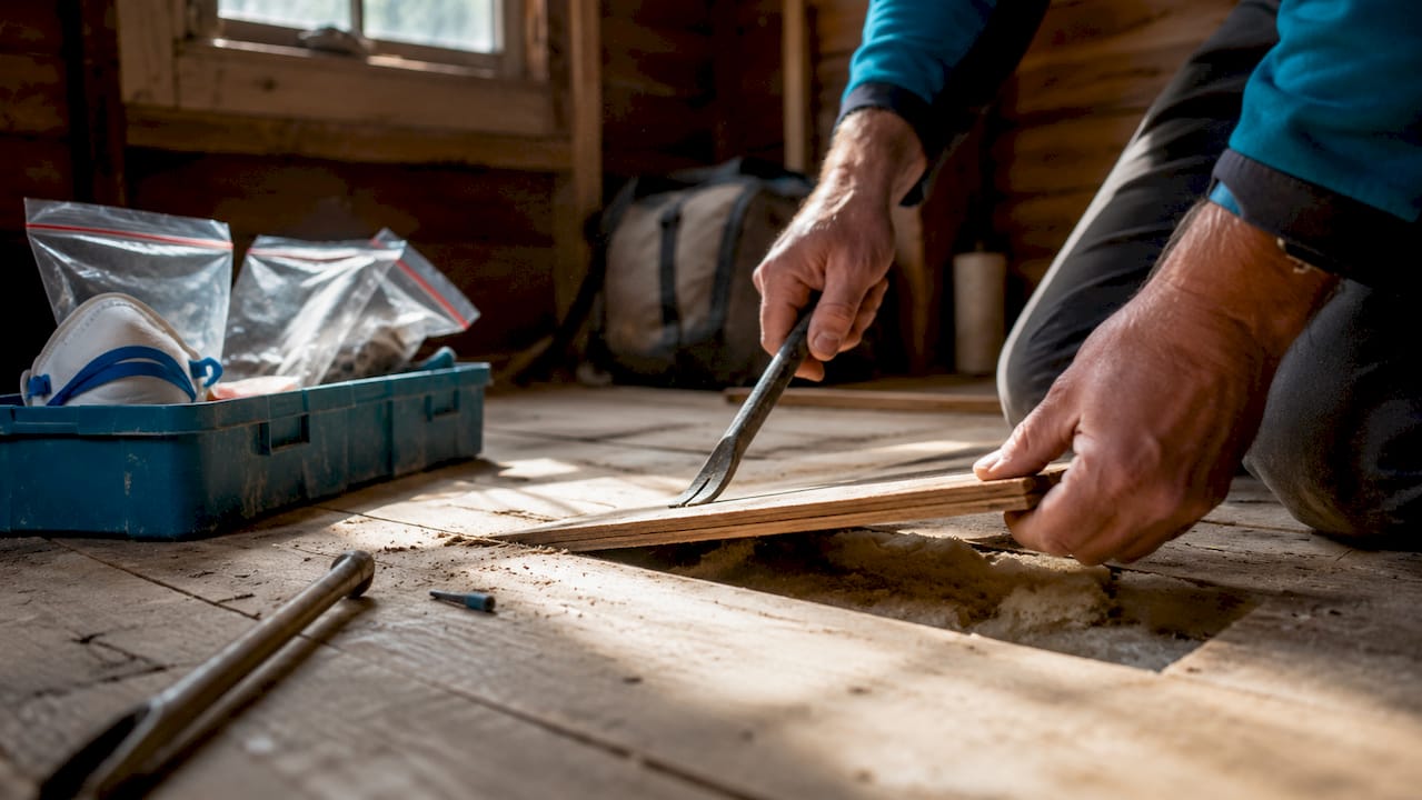 Technician lifting floorboard for survey