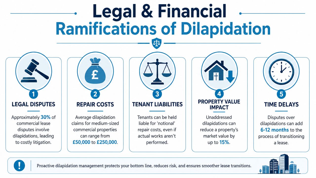 An infographic showing the five key legal and financial consequences of property dilapidation for commercial tenants.