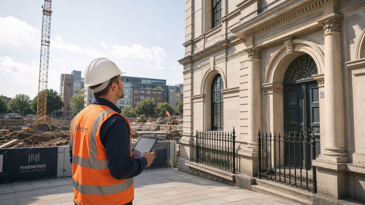 A construction manager in a safety vest and hard hat examines a historic building site holding a tablet.