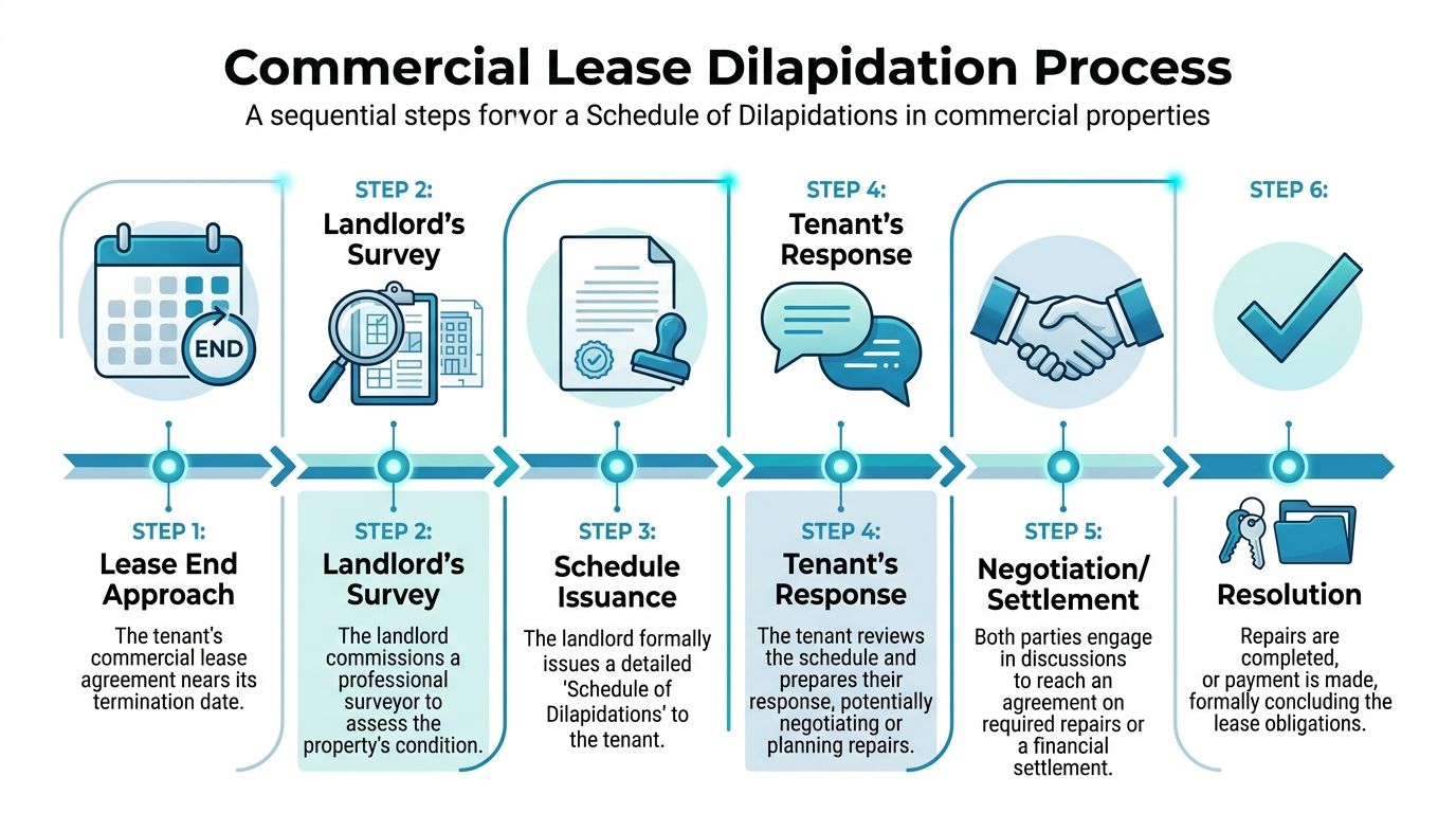 A six-step infographic illustrating the commercial lease dilapidation process from lease end to final resolution.