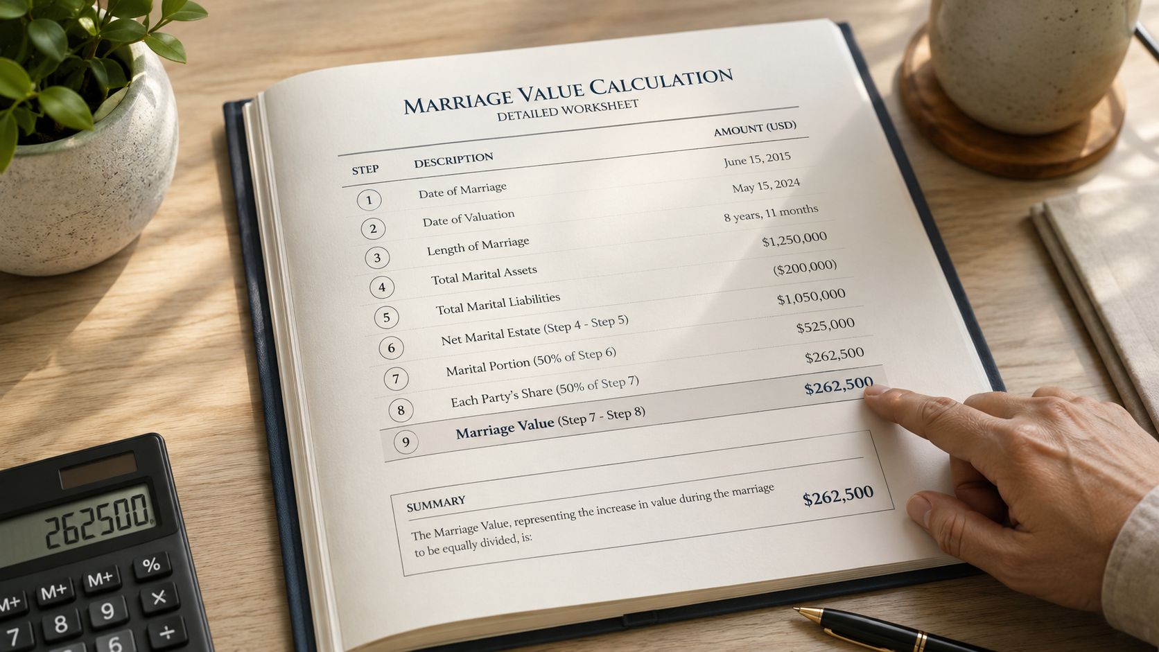 A hands-on detailed worksheet for a marriage value calculation with a calculator on a desk.
