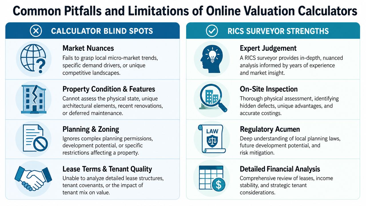 A comparison chart outlining the limitations of online property valuation calculators versus the advantages of hiring professional RICS surveyors.