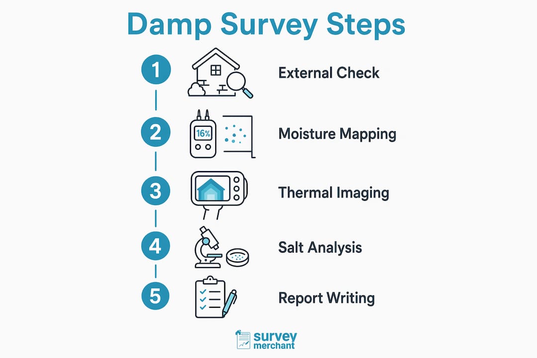 Infographic illustrating damp survey inspection steps