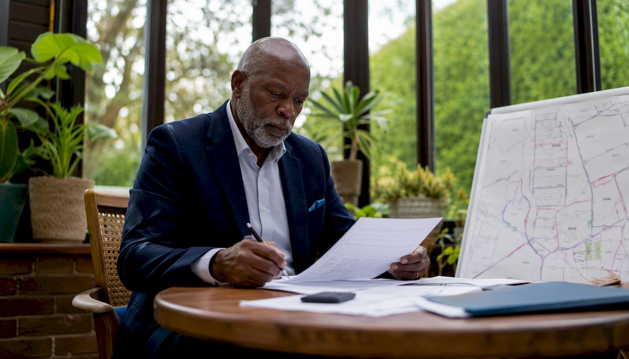 Man reviewing property survey papers in study