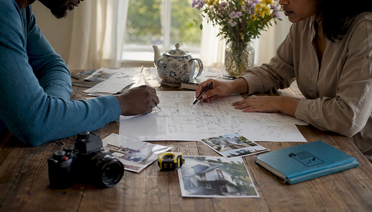 Hands reviewing building survey documents